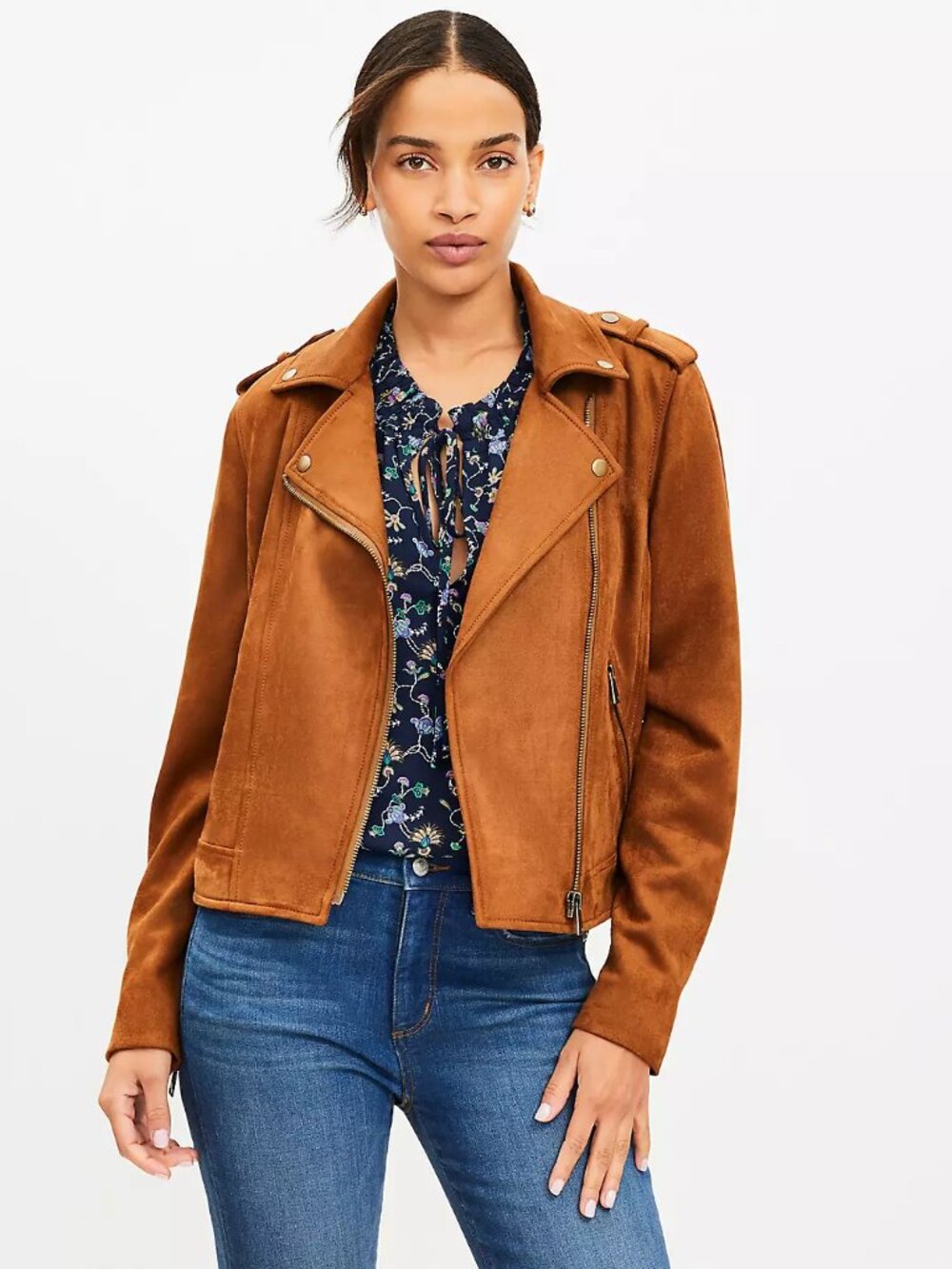 NWT LOFT Women's Faux Suede Moto Jacket Size M Brown/Tan - Picture 2 of 7
